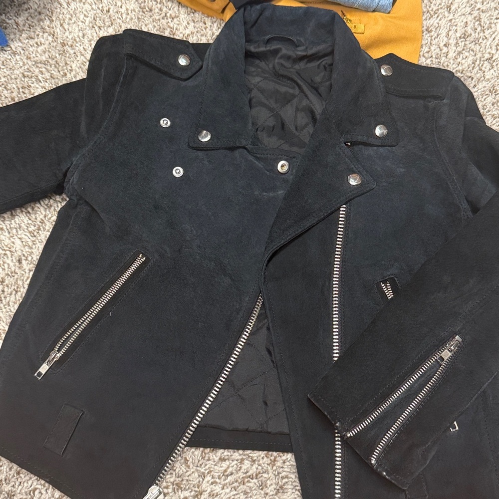 Black Suede Biker Jacket with Silver Zippers
